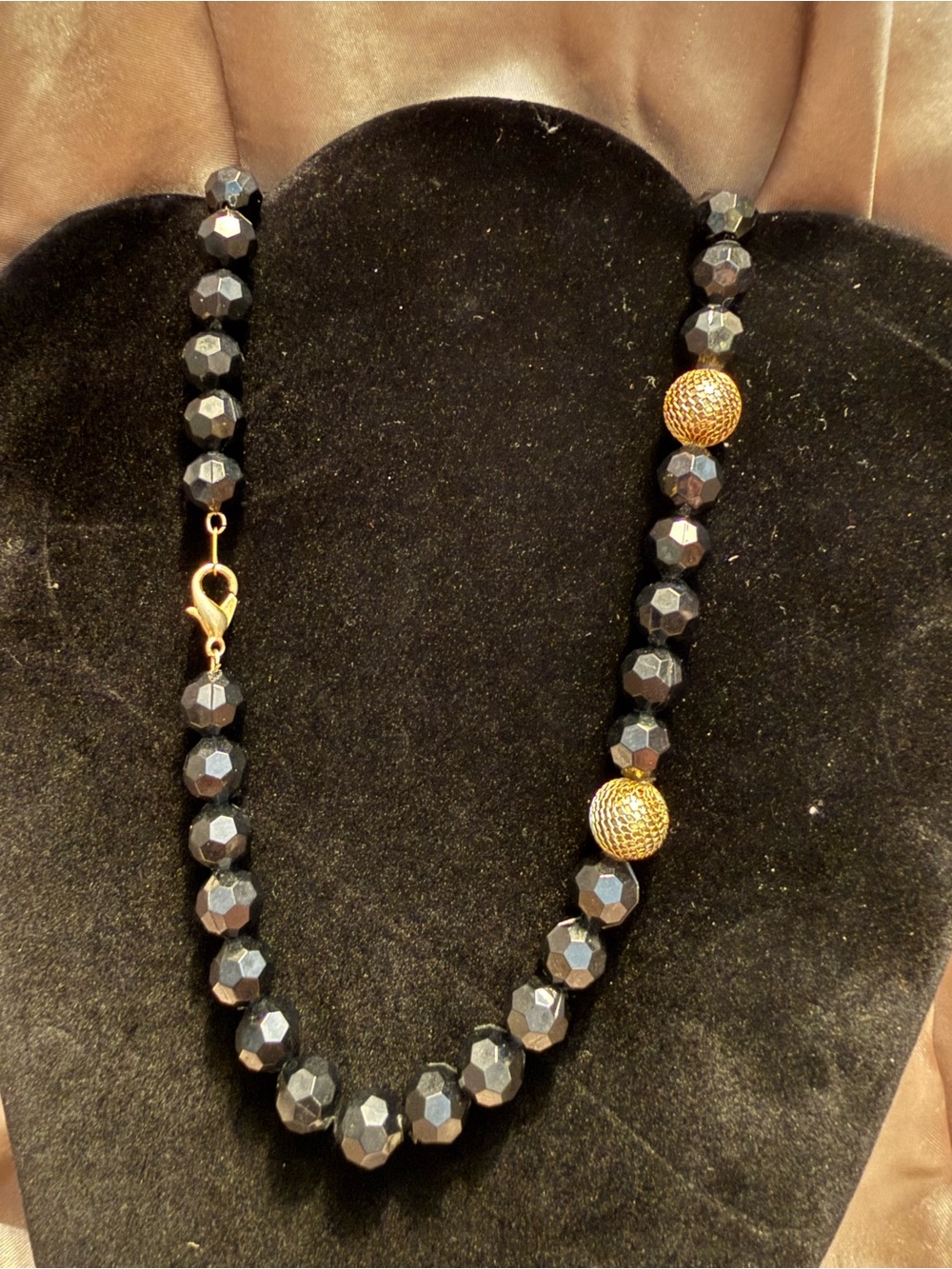 Vintage Jet Black & Gold-tone Mesh Beaded Necklace